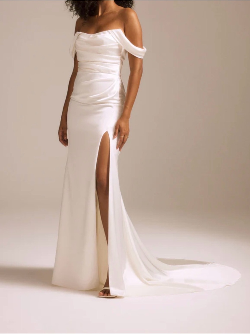 Witness Of Love Weeding Dress Satin Fit To Flare Slit Draped Skirt Mermaid White